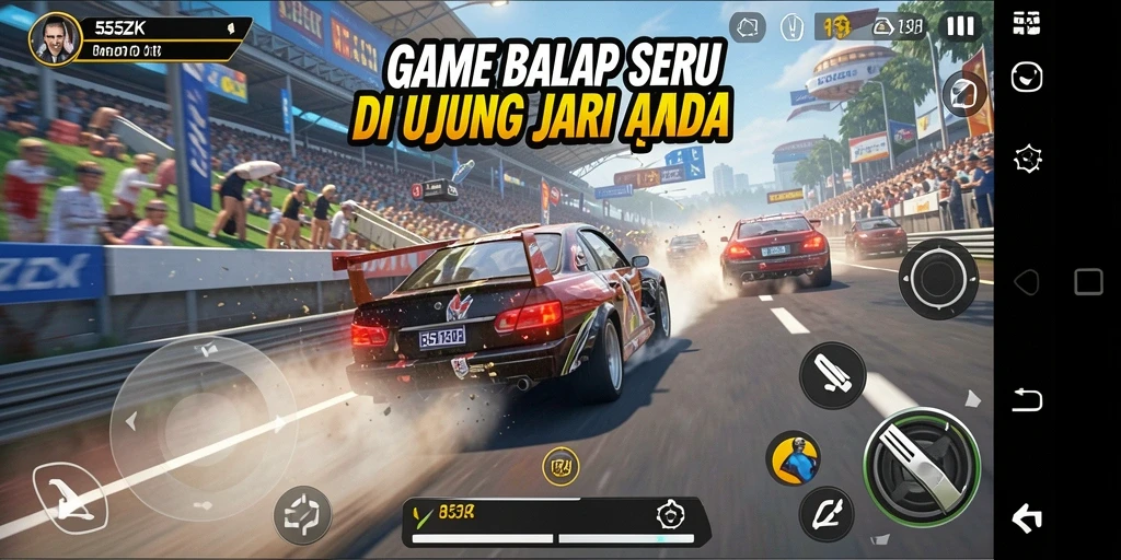 Screenshot gameplay 555ZK menunjukkan balapan yang menegangkan dan seru.