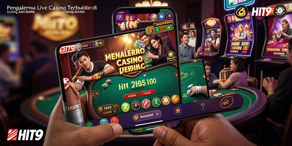 Screenshot gameplay HIT9 menampilkan dealer live dan meja permainan yang menarik.