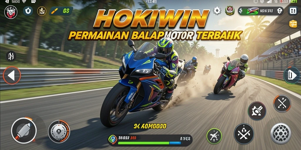 Screenshot gameplay HOKIWIN dengan balapan motor yang mendebarkan.