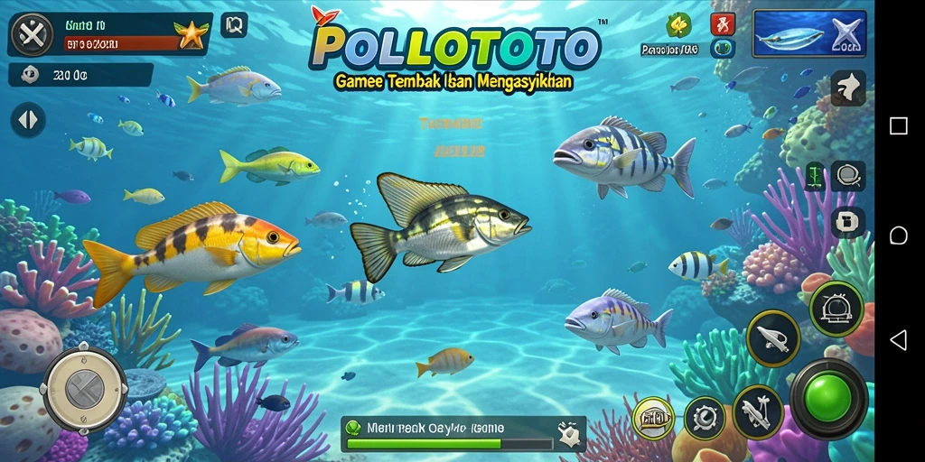 Screenshot gameplay menunjukkan aksi seru menembak ikan di POLOTOTO.