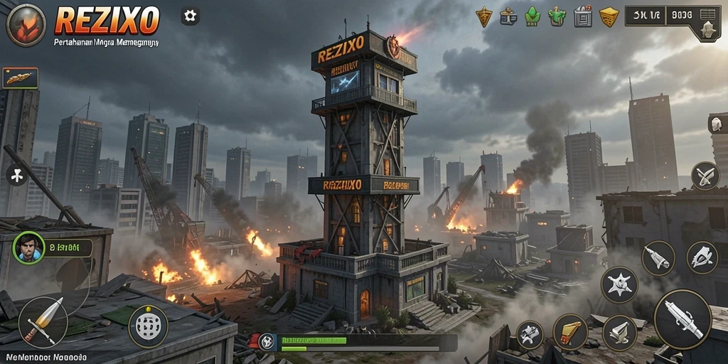 Screenshot gameplay REZIXO menampilkan aksi menara yang mendebarkan.