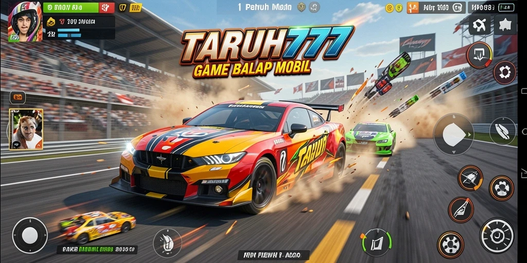 Tampilan gameplay TARUH777 dengan mobil balap yang sedang beraksi.
